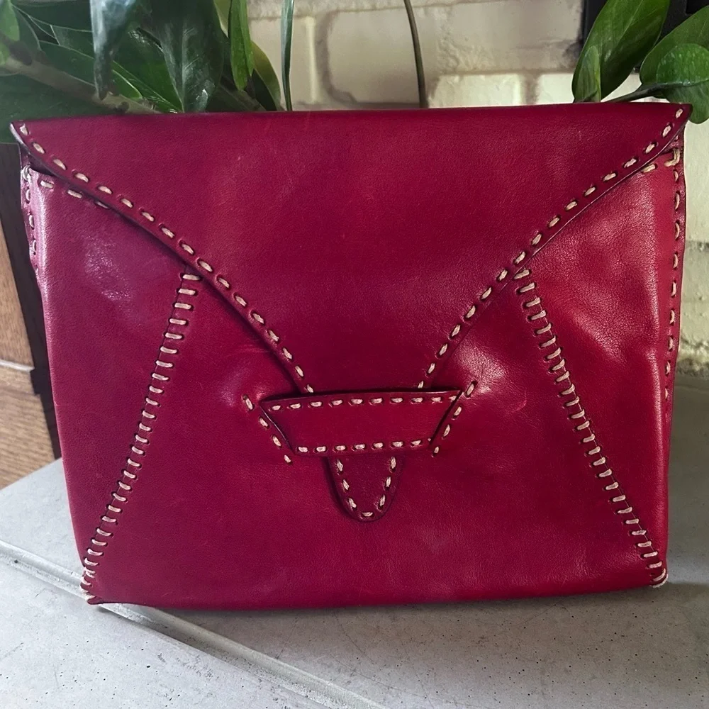 Johnny Farah Deep Red Leather Envelope Clutch Bag